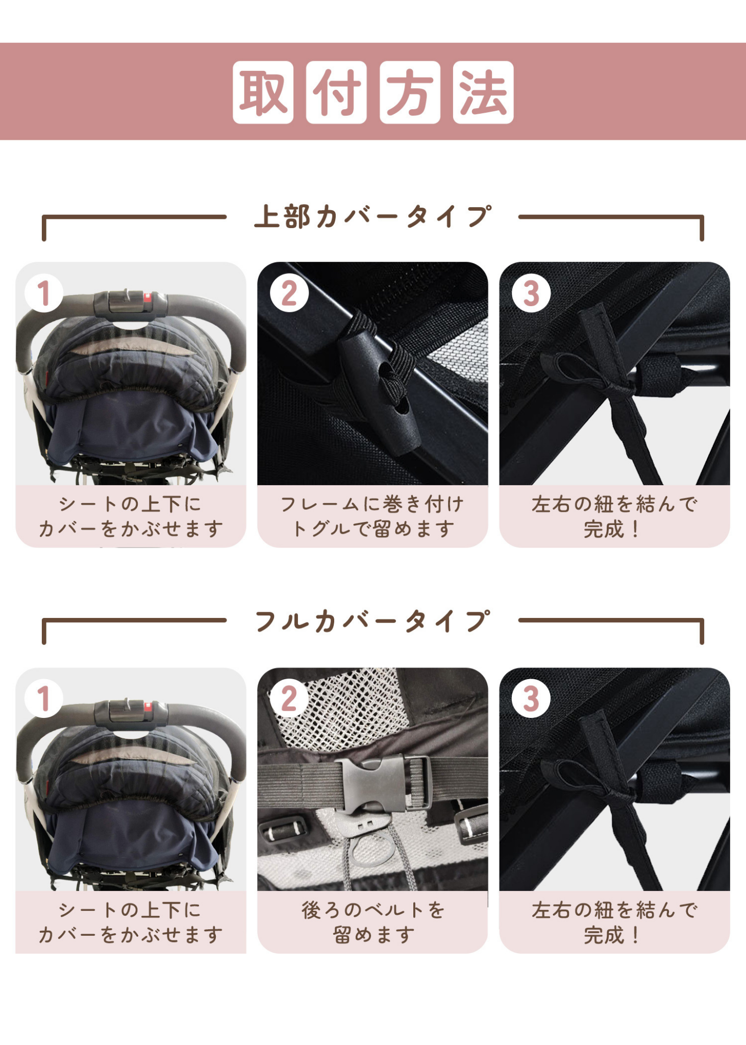 ベビーカーサンシェードの取り付け方法を紹介する説明画像。上部カバータイプとフルカバータイプの装着手順を掲載