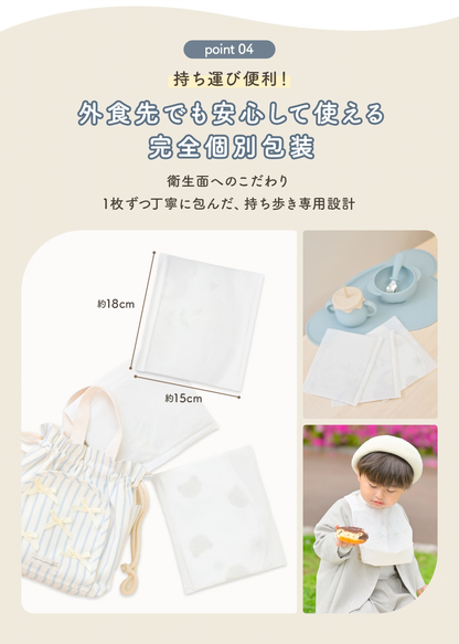 使い捨てエプロンの個包装とコンパクト収納を紹介する説明画像。約18×15cmの薄型パッケージで持ち運びやすい仕様