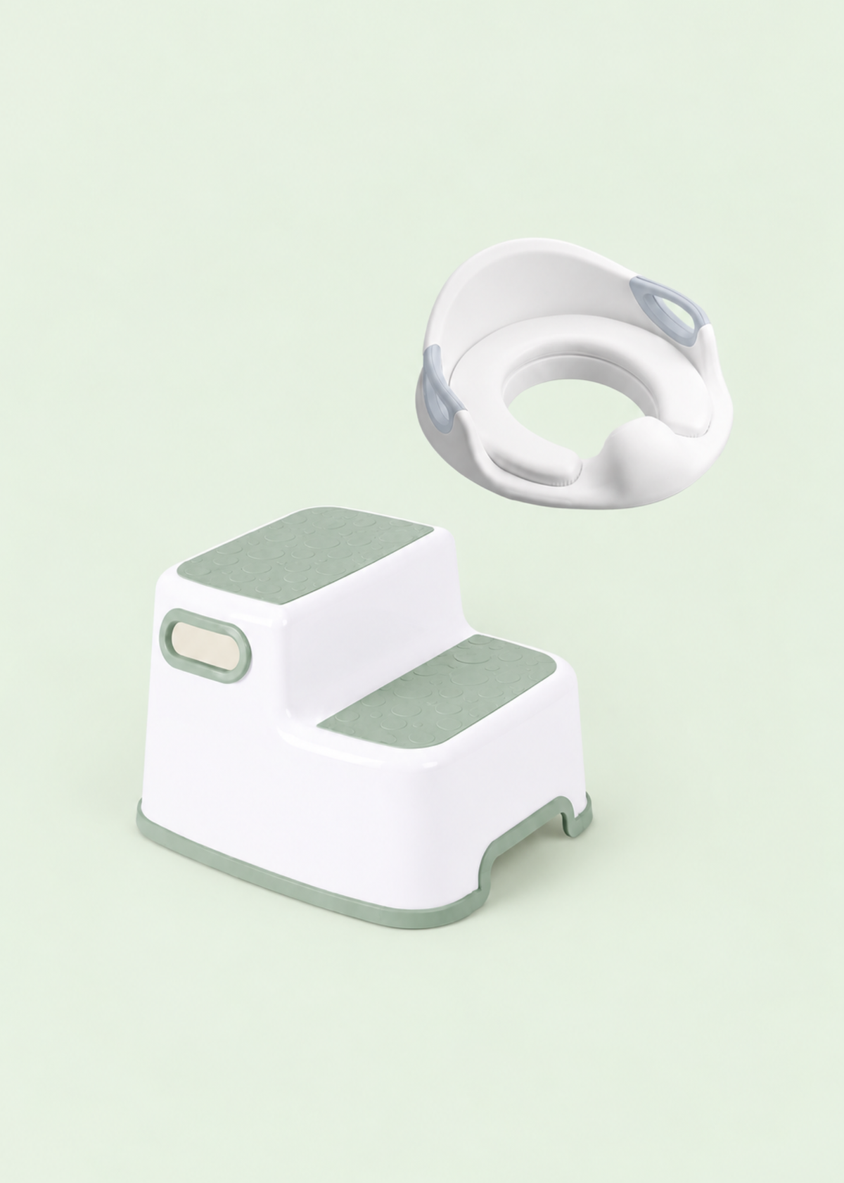 踏み台と補助便座のセット、ホワイトとセージグリーンのトイレトレーニング用品