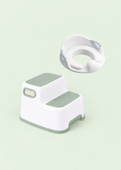 踏み台と補助便座のセット、ホワイトとセージグリーンのトイレトレーニング用品