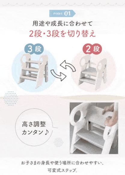 2段・3段切替と高さ調整機能を紹介する説明画像。用途や身長に合わせて2段と3段を使い分ける設計