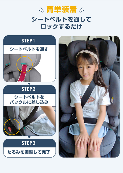 チャイルドシートのシートベルト装着方法を説明する画像、子どもを座らせて固定する手順
