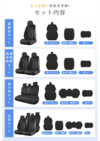 車用冷感シートカバーのセット内容一覧。前席用、後部座席用、ヘッドレスト用カバーなどサイズ別の構成を紹介