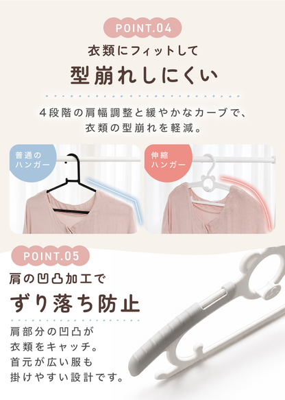 ベビーハンガー伸縮タイプの滑り止め設計を紹介する画像、衣類を掛ける肩部分とクリップの形状