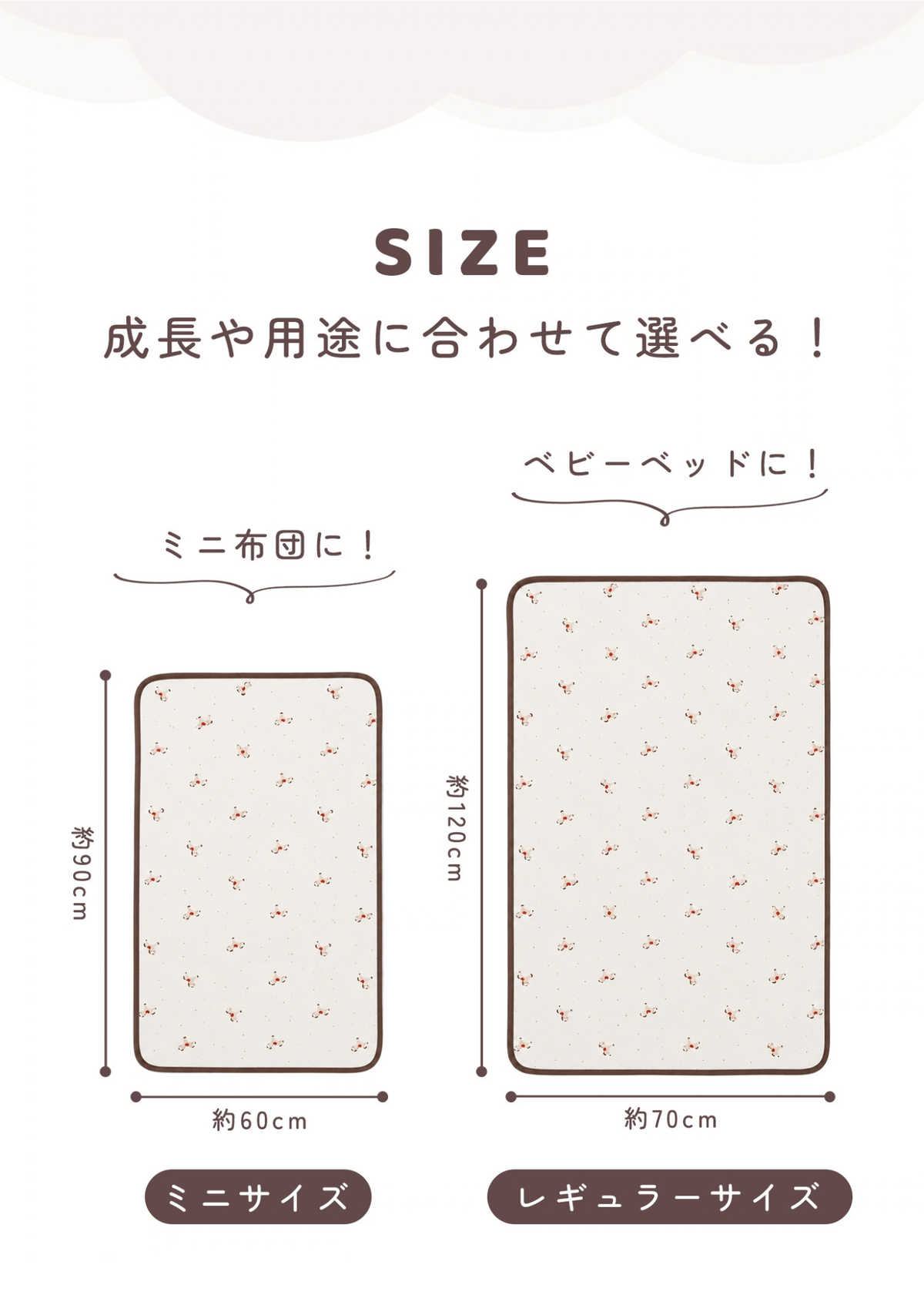 ベビーキッズ防水シーツのサイズ紹介画像。ミニサイズとレギュラーサイズの寸法を比較して掲載