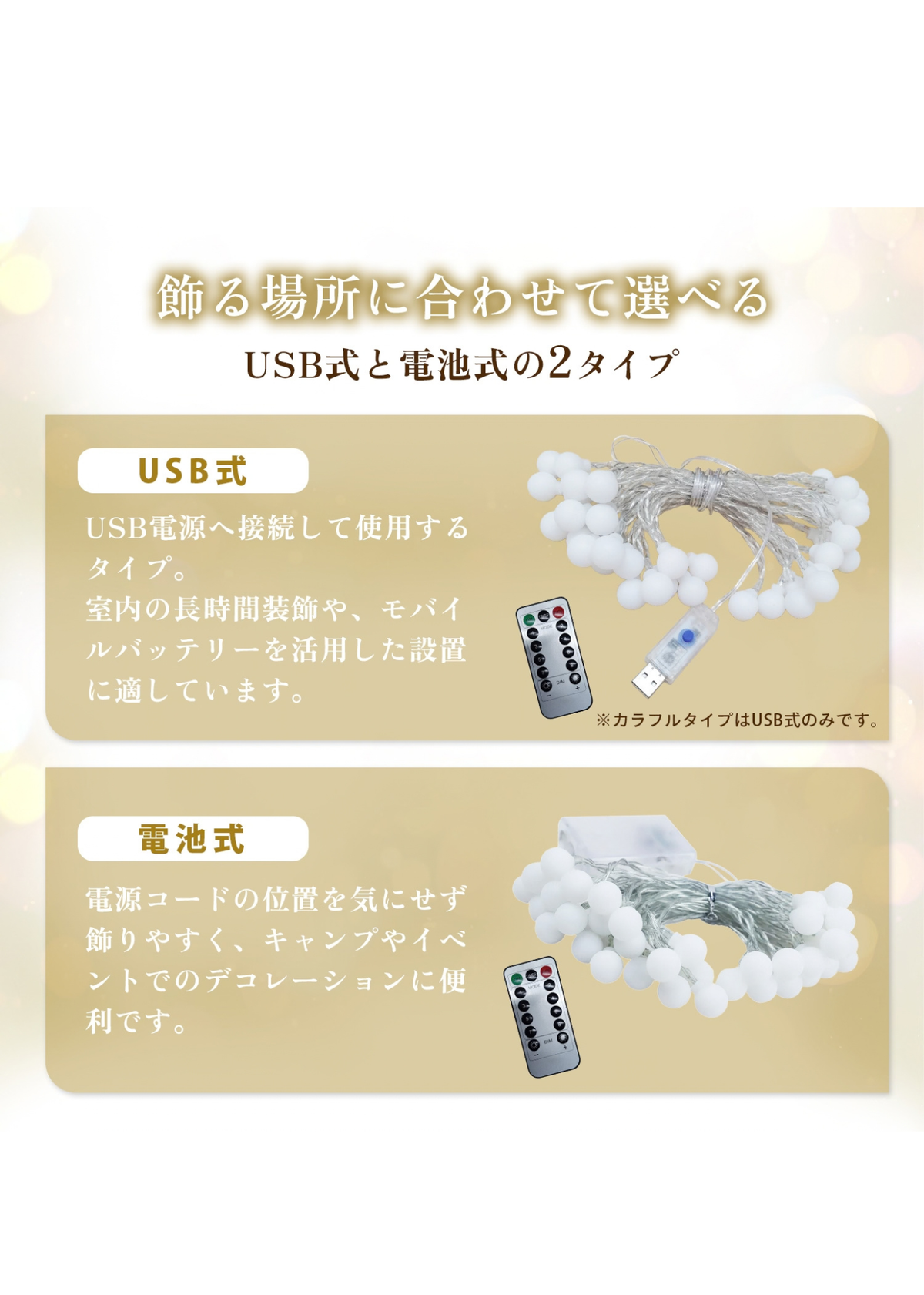 USB給電と電池式のイルミネーションライトのセット内容を紹介する画像
