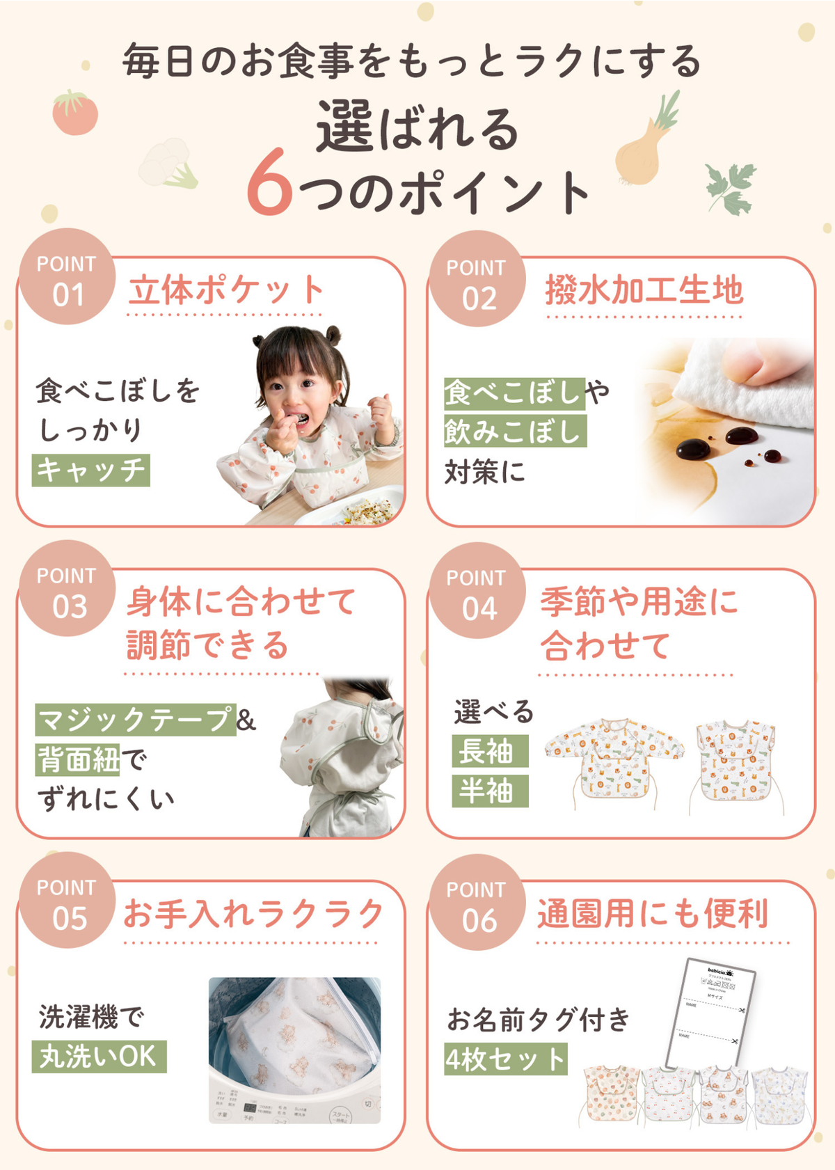 キッズお食事エプロンの6つのポイント紹介画像。立体ポケット、撥水加工、面ファスナー、背面紐、4枚セットなどを掲載
