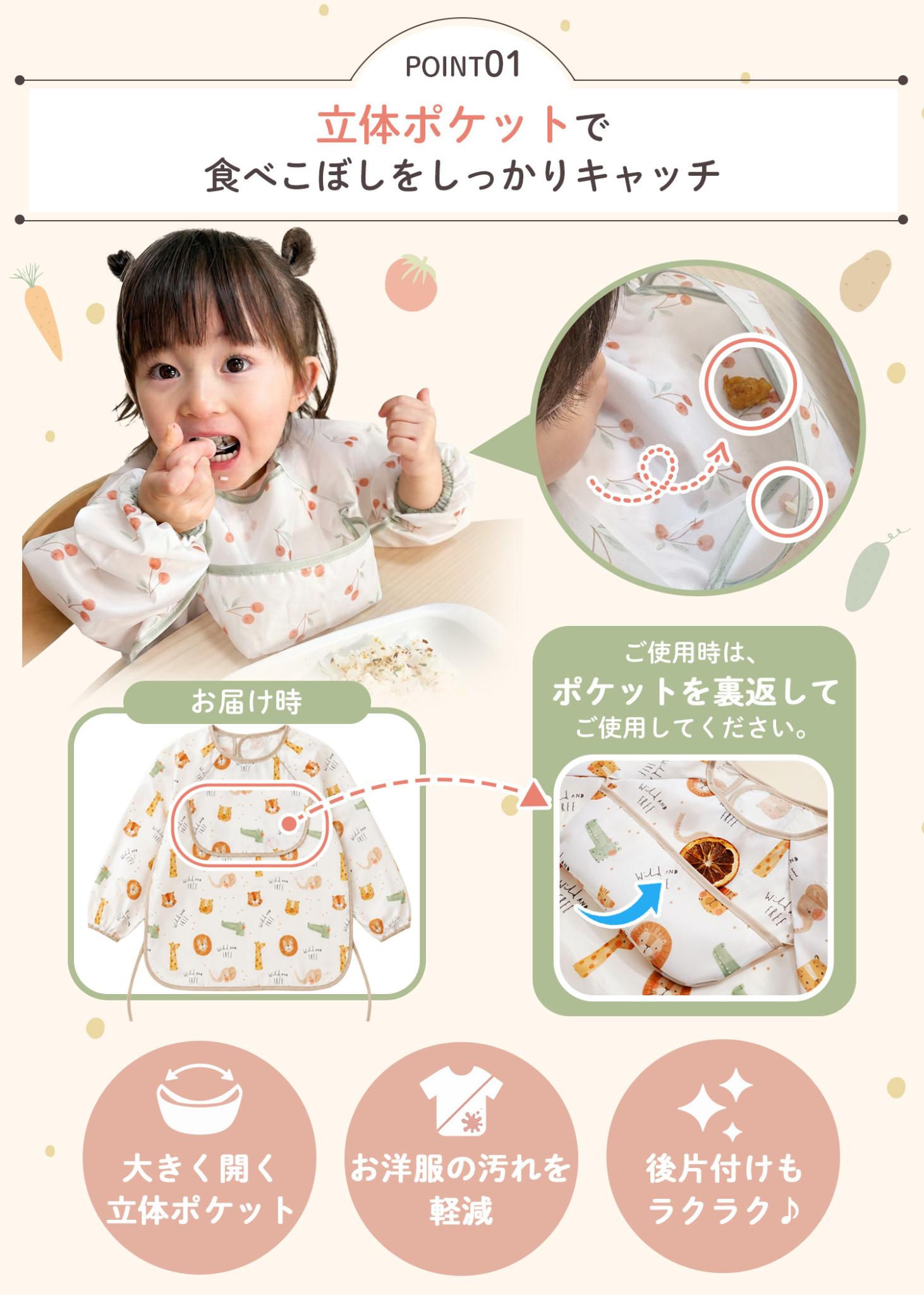 キッズお食事エプロンのPOINT01紹介画像。立体ポケットで食べこぼしをキャッチする構造を掲載