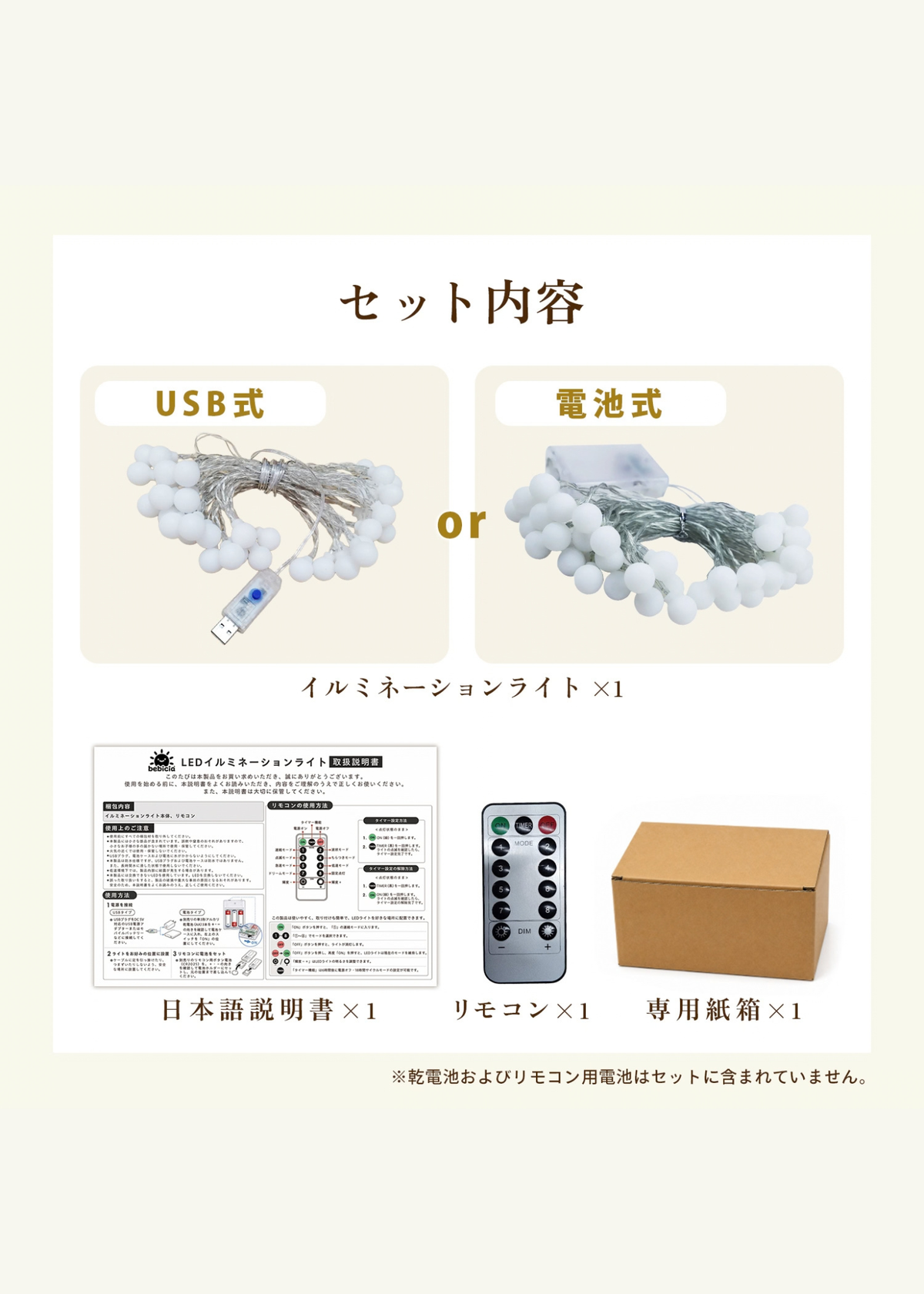 イルミネーションライトのセット内容と付属品を紹介する画像
