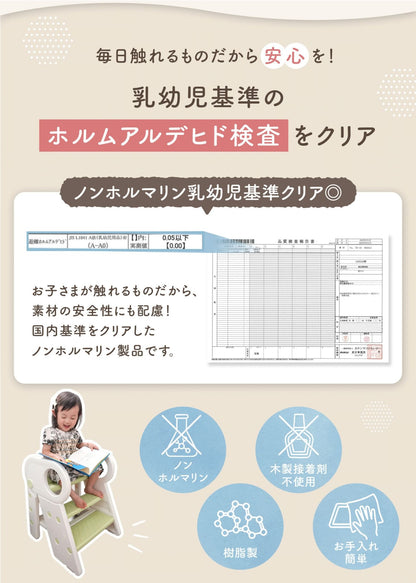 2段・3段可変式踏み台の素材と品質検査を紹介する説明画像。国内基準のホルムアルデヒド検査と素材への配慮を掲載