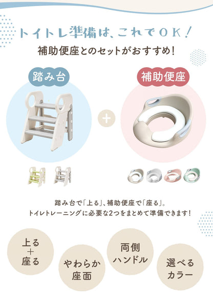 2段・3段可変式踏み台をトイレトレーニングに使う方法を紹介する説明画像。補助便座と組み合わせて使う例を掲載