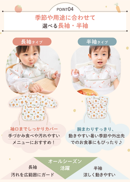 キッズお食事エプロンのM・Lサイズと半袖・長袖タイプを比較する説明画像。成長や季節に合わせて選べる仕様
