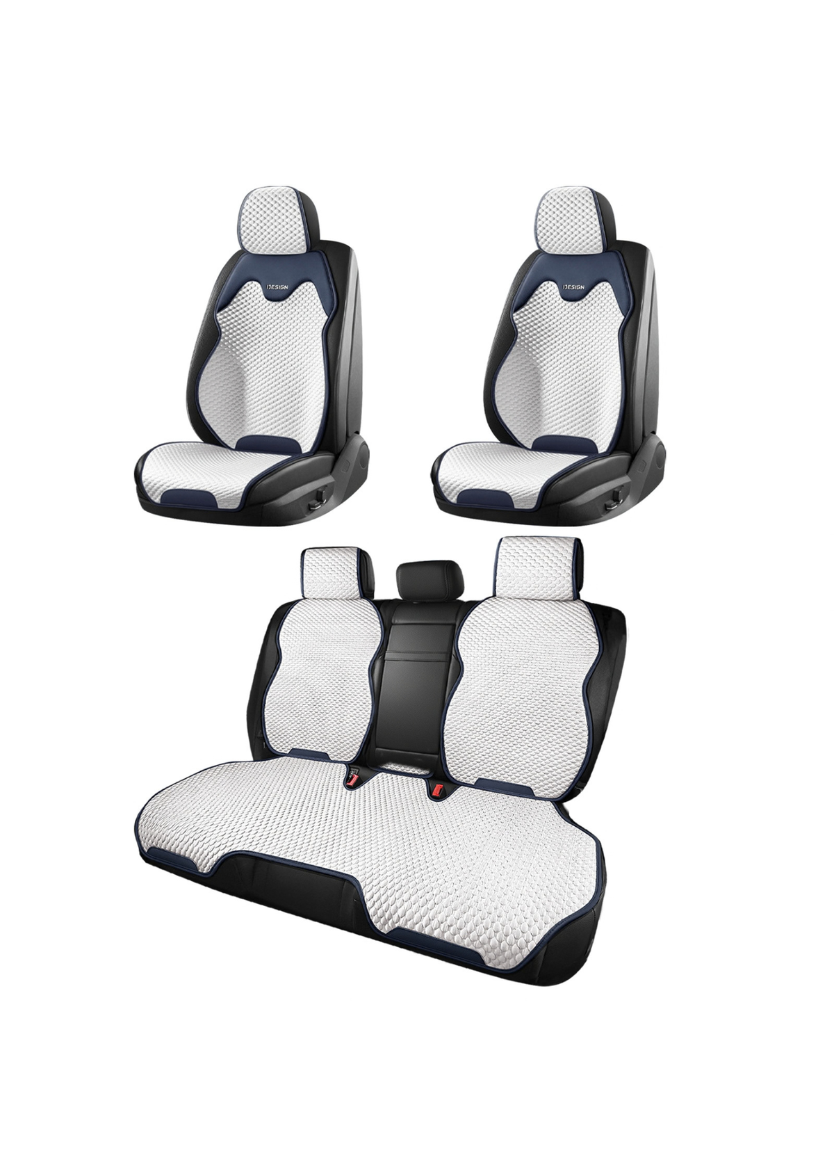 ブルーとホワイトの車用冷感シートカバーのセット内容。前席用シートカバー2枚と後部座席用シートカバーを並べた商品画像
