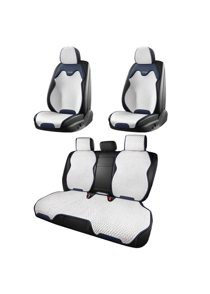 ブルーとホワイトの車用冷感シートカバーのセット内容。前席用シートカバー2枚と後部座席用シートカバーを並べた商品画像