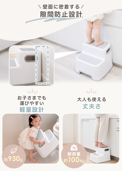 踏み台と補助便座セットの組み立て方法、各パーツの取り付け手順を紹介する画像