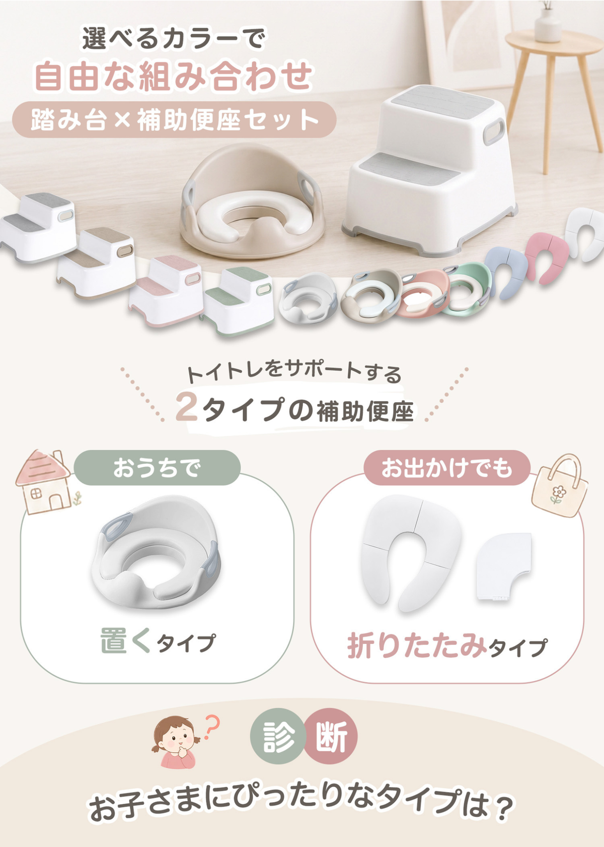 踏み台と補助便座セットの収納方法、折りたたみや片付け方を紹介する画像