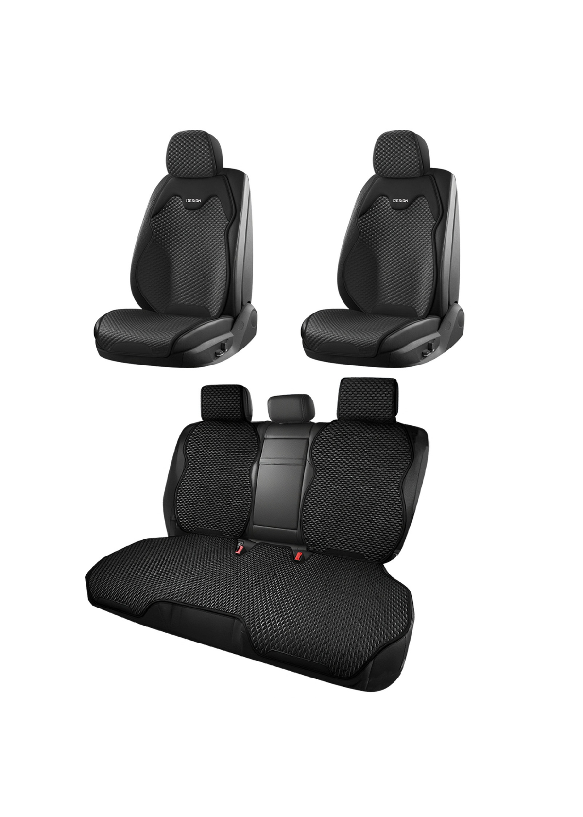 ブラックの車用冷感シートカバーのセット。前席用と後部座席用を組み合わせた自動車シートカバー