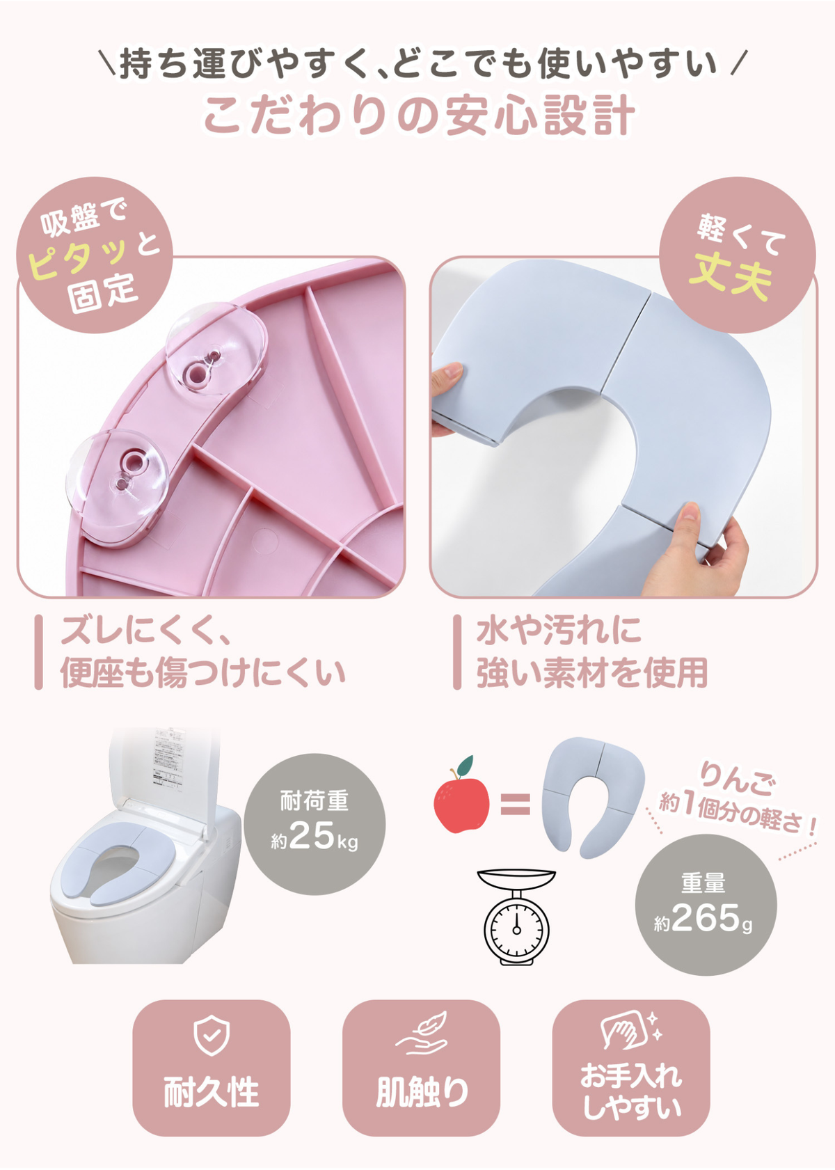 踏み台と補助便座セットの仕様紹介、補助便座と踏み台の特徴を説明する画像