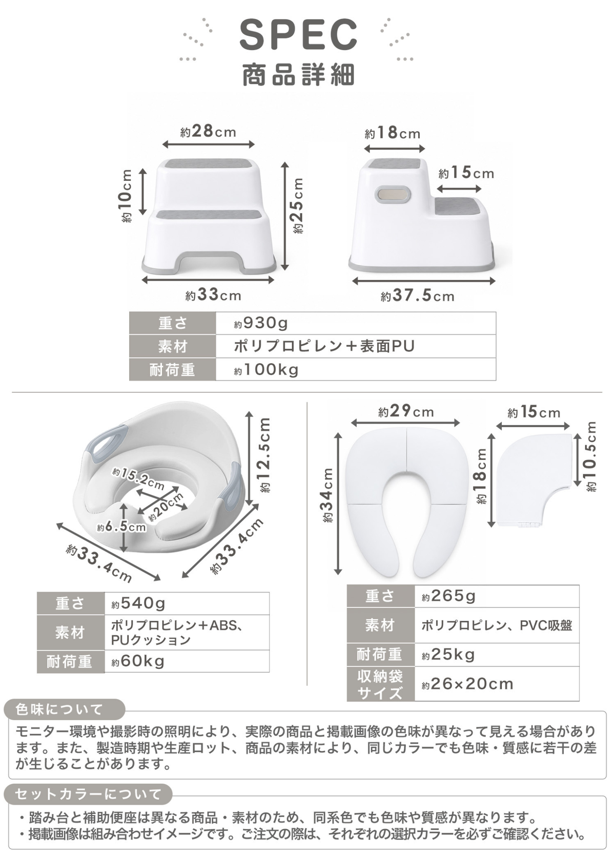 踏み台と補助便座セットの詳細寸法図、踏み台と補助便座のサイズ情報