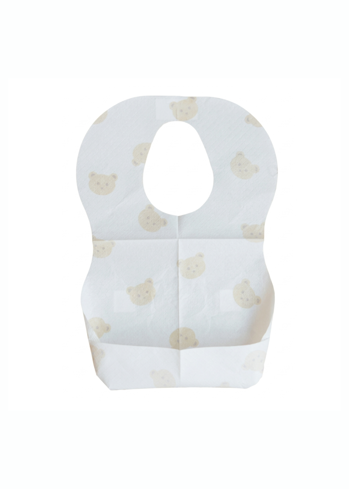 水色のクマ柄使い捨てエプロンを正面から見た商品画像。くすみカラーの子ども用食事エプロン