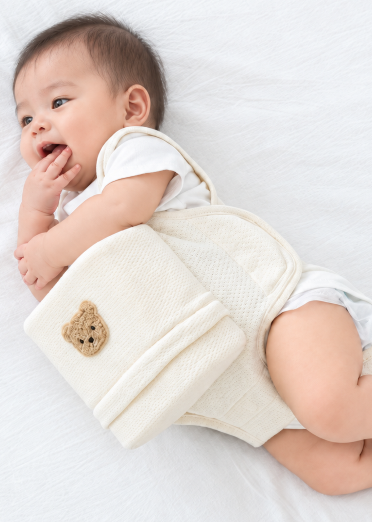寝返り防止ベルトを着用した赤ちゃん 仰向け姿勢のサポート