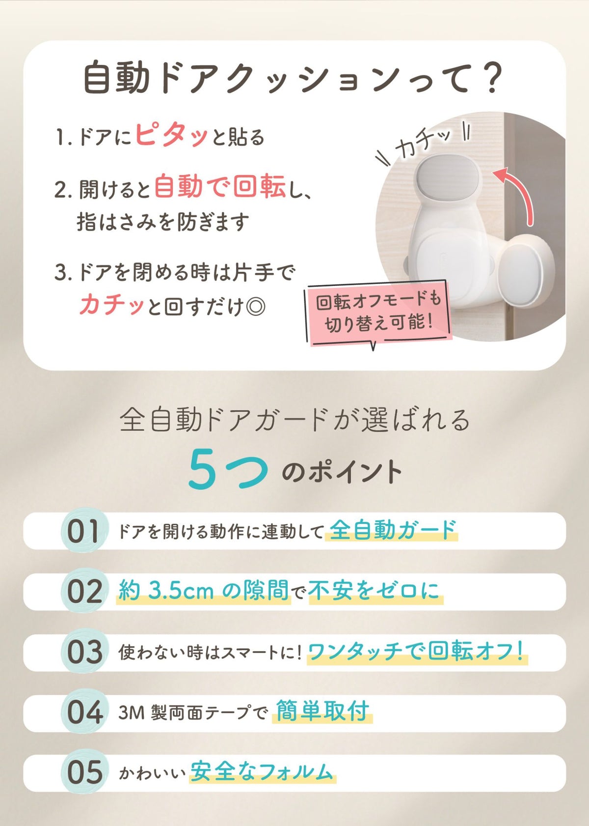 自動回転ドアクッションの特徴と指はさみ対策を紹介する商品説明