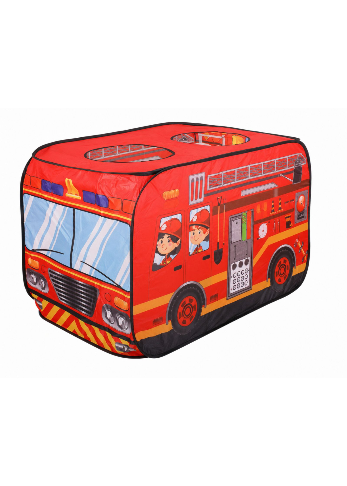 赤い消防車をモチーフにしたキッズテントの商品全体。乗り物デザインの室内用プレイテント