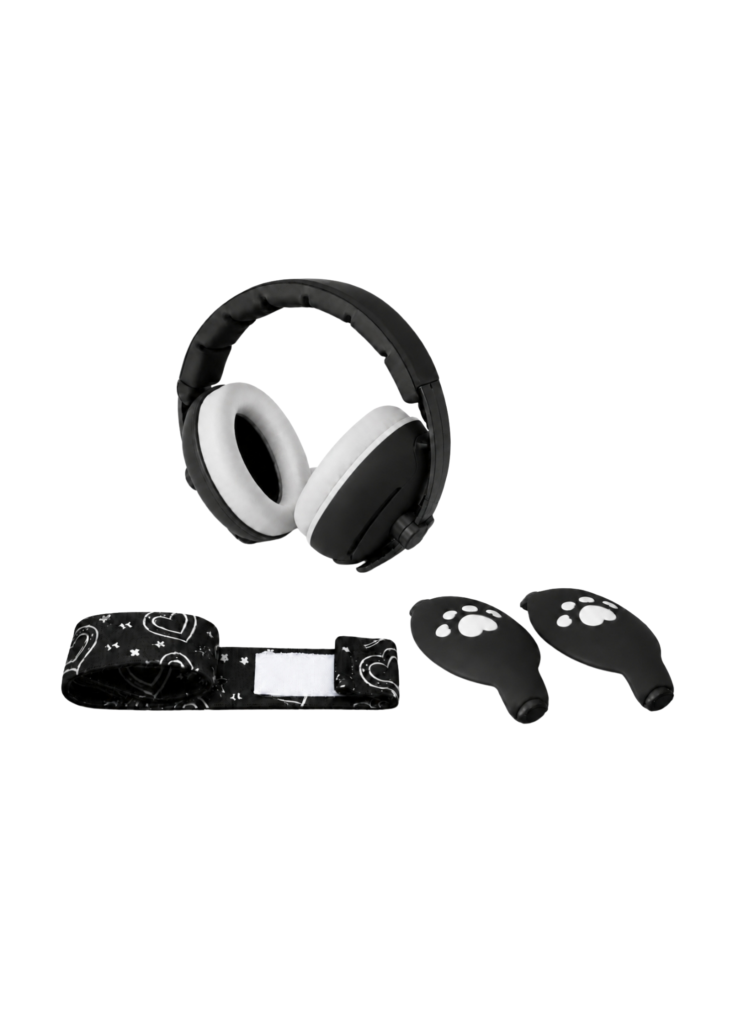 ブラックのベビーキッズ防音イヤーマフと交換用イヤーパッド、付属品を並べた商品画像