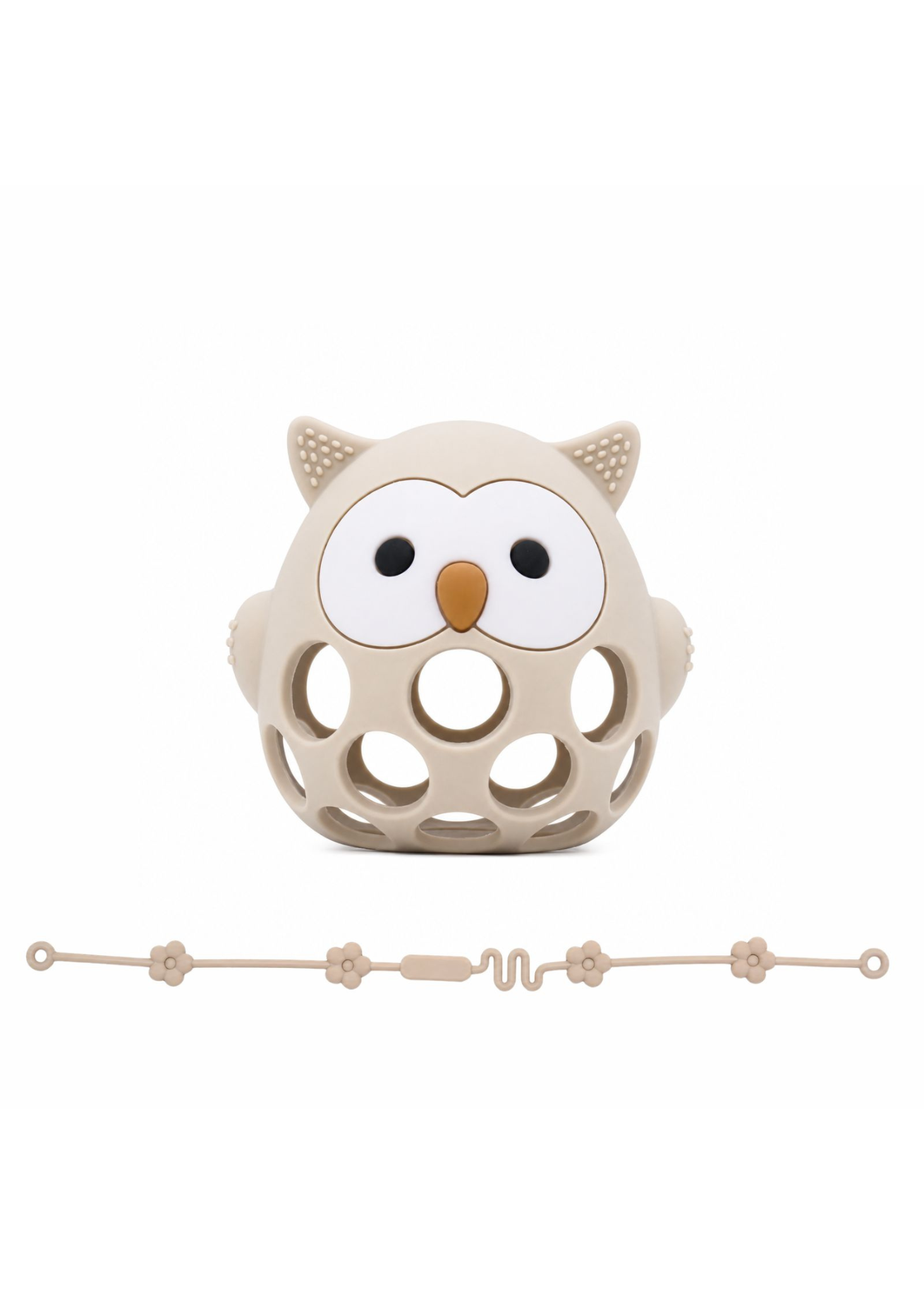 ベージュのフクロウモチーフのベビーシリコン歯がため。小さな手でも持ちやすいベビー用品