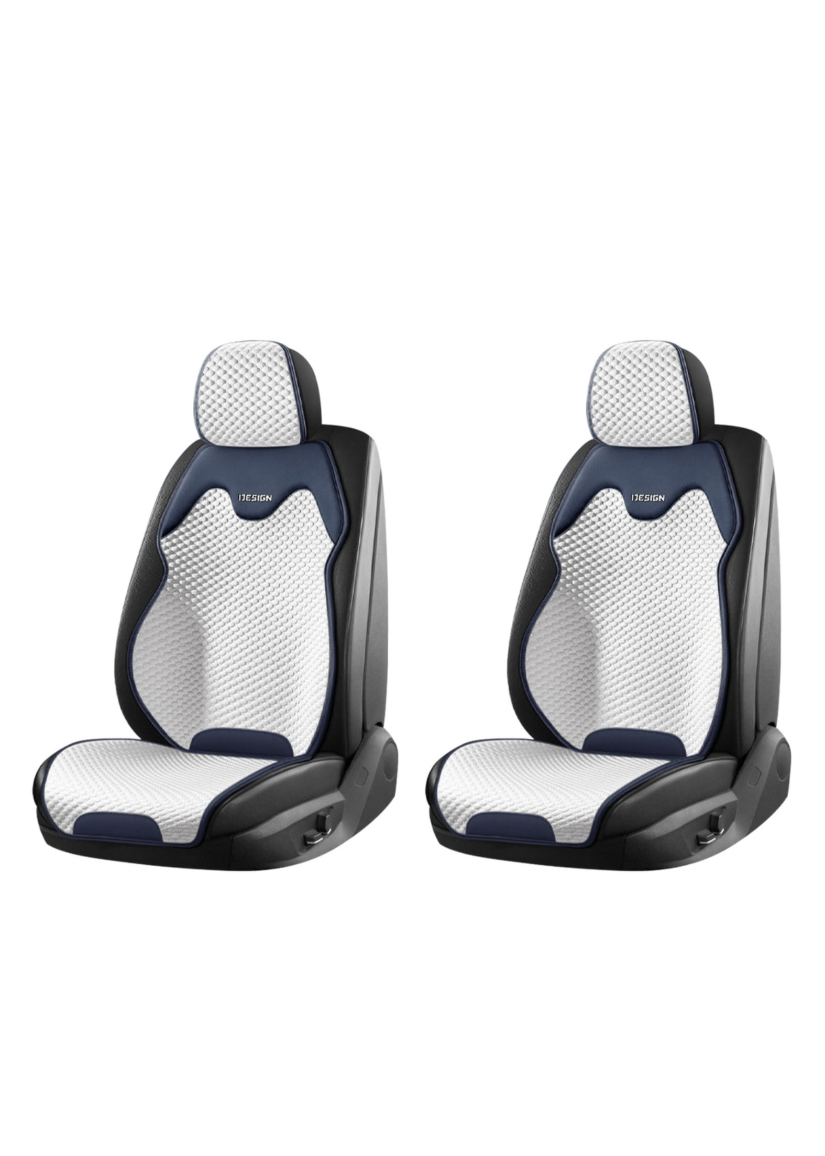 ブルーとホワイトの前席用車用冷感シートカバー2枚を並べた商品画像