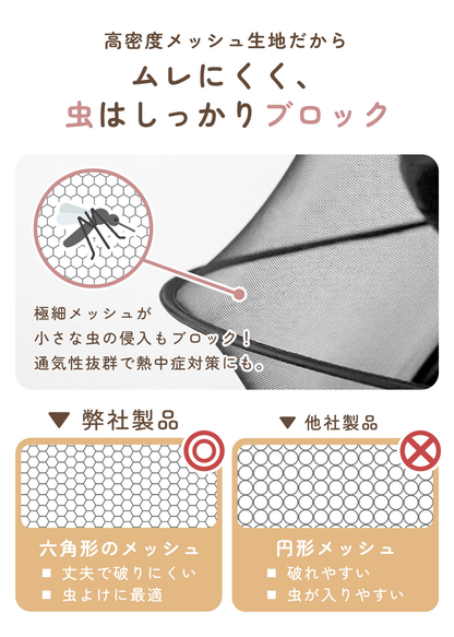 ベビーカーサンシェードの高密度メッシュをアップで紹介する画像。細かな六角形メッシュで虫の侵入を防ぐ設計