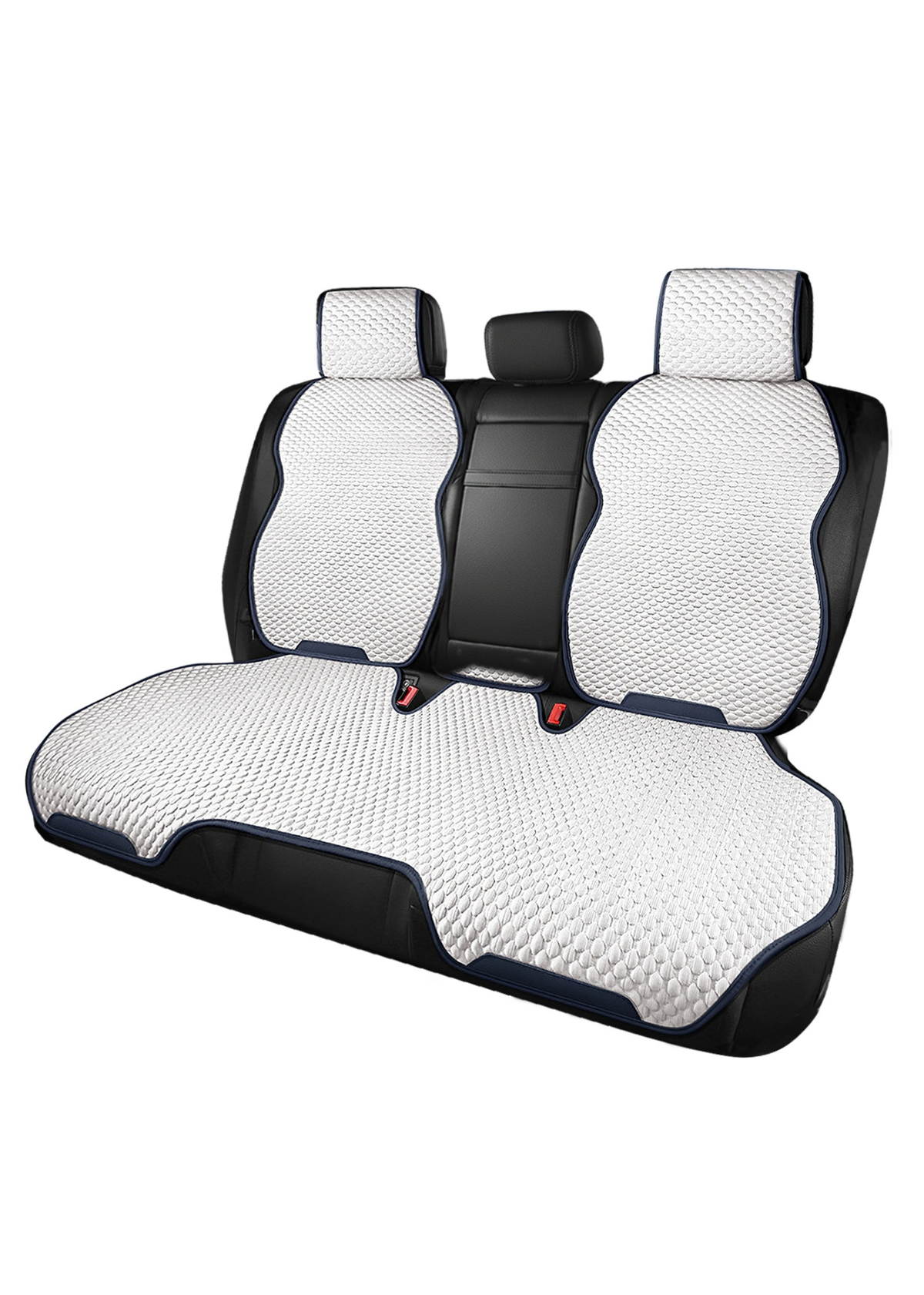 ブルーとホワイトの後部座席用車用冷感シートカバーを広げた商品画像。ベンチシートに対応する大判タイプ