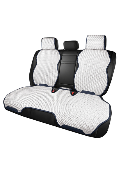 ブルーとホワイトの後部座席用車用冷感シートカバーを広げた商品画像。ベンチシートに対応する大判タイプ