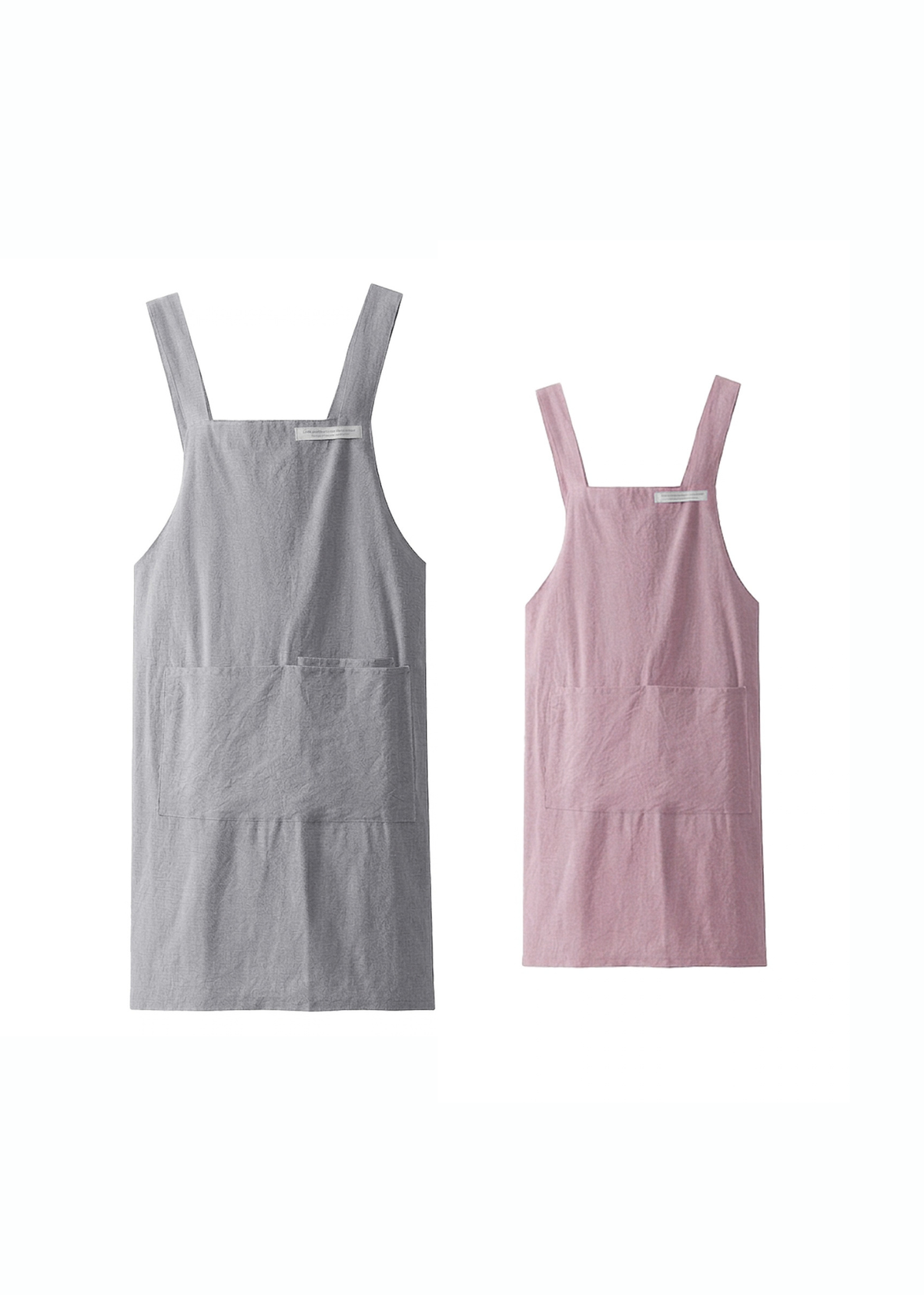 グレーとピンクの親子エプロンを並べた商品画像。親子でお揃いにできるバッククロス型エプロン