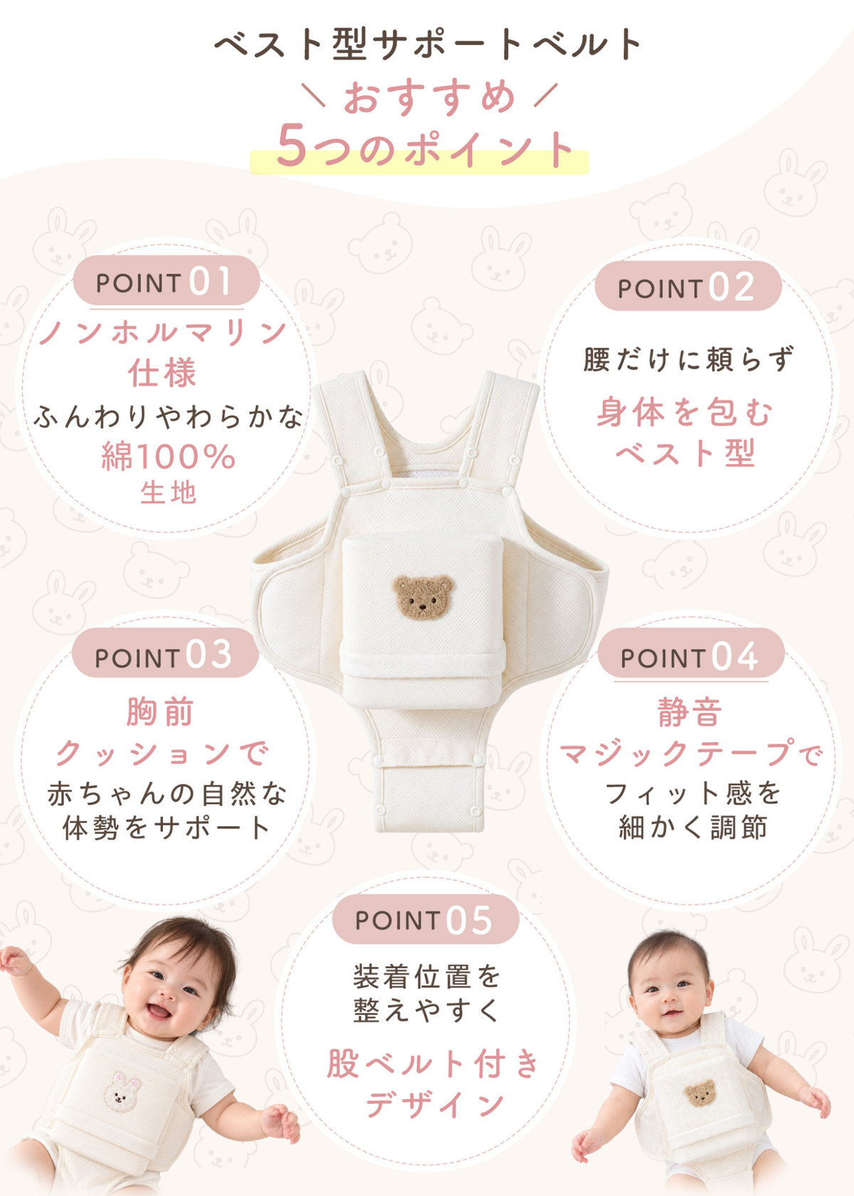 寝返り防止ベルトの5つのポイント 肩おなか股まわりを包む設計