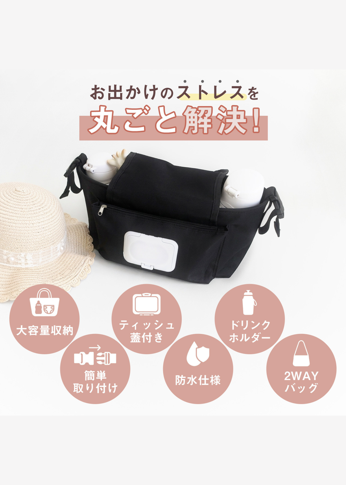 ベビーカーバッグの5つの特徴紹介画像。大容量収納、ドリンクホルダー、ティッシュ取り出し、撥水生地、2WAY仕様などを掲載