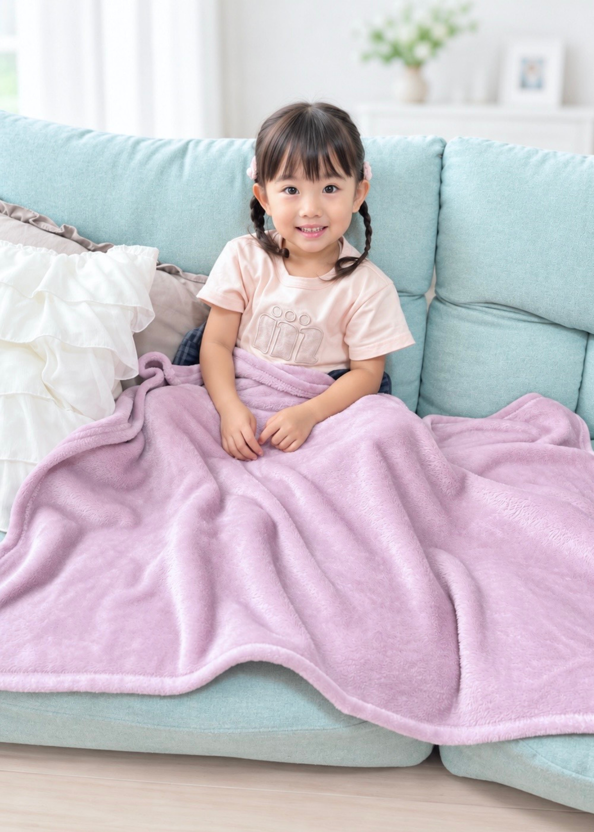 フランネルブランケットをソファで使う子ども、くつろぎ時間の使用シーン