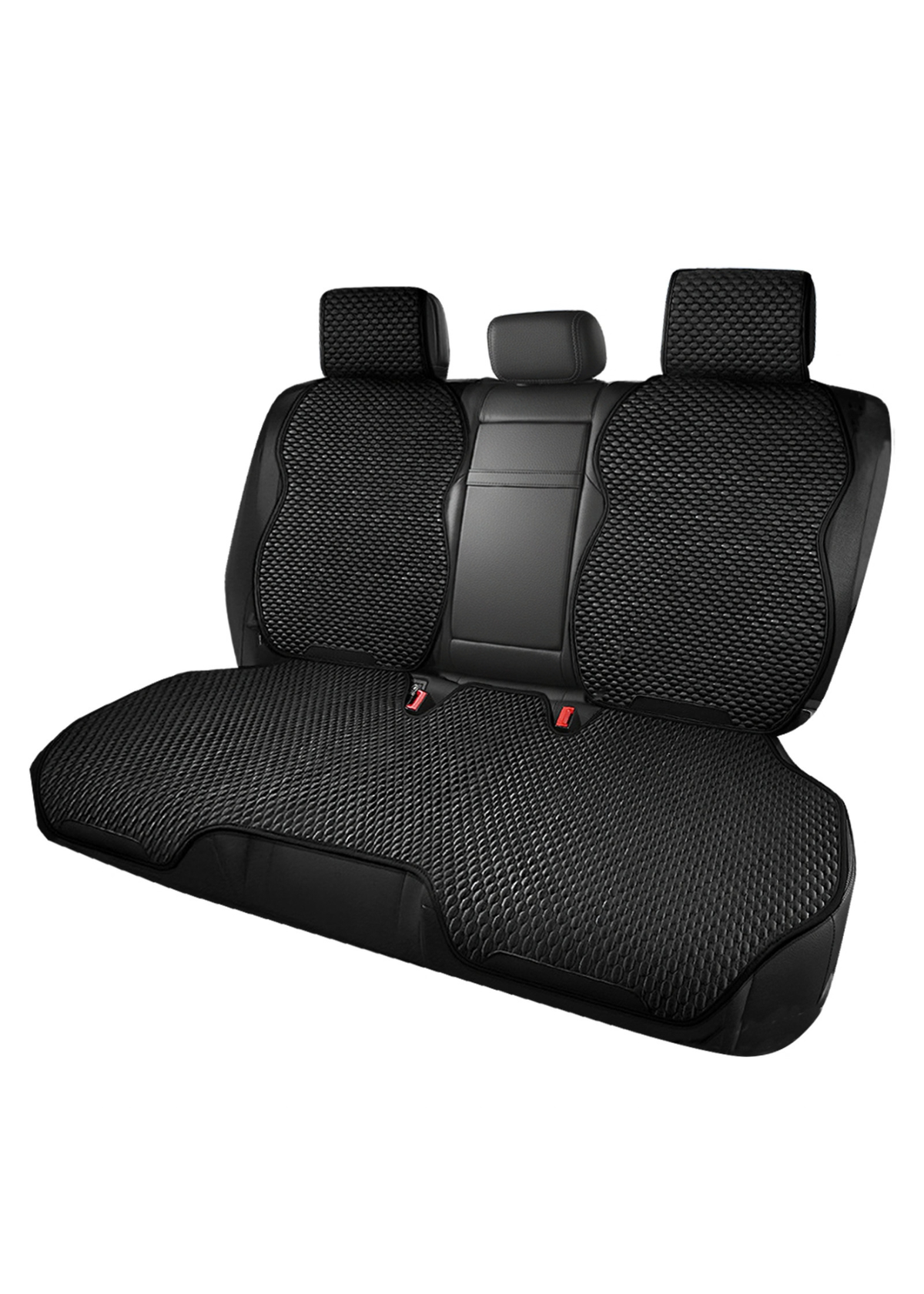 ブラックの後部座席用車用冷感シートカバーを広げた商品画像。後部座席全体を覆うワイドサイズ