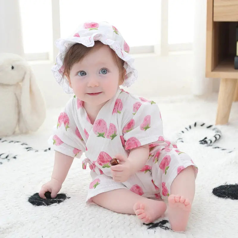 ベビー甚平 ロンパース 甚平 赤ちゃん ガーゼ コットン 浴衣 お祭り 夏祭り ベビー服 新生児 男の子 女の子 帽子付き 通気性 吸汗 おしゃれ 出産祝い 夏服 和風 かわいい