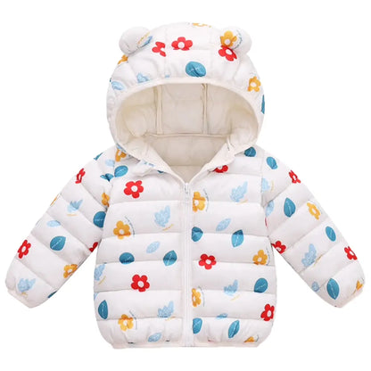 ベビーダウンコート キッズアウター ダウンコットン 軽量 保温 防寒 フード付き くま耳デザイン 洗濯可 冬用 子ども服 兄弟おそろいコーデ 80〜110cm