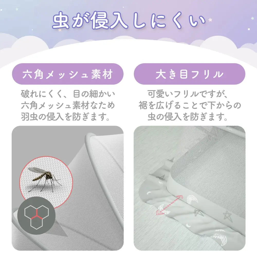 ベビー蚊帳 折りたたみ式 虫除け メッシュ構造 日除け付き 通気性抜群 赤ちゃん寝具 コンパクト収納 フリルデザイン お昼寝布団対応 室内アウトドア兼用
