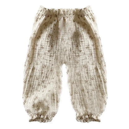 ベビーパンツ　ガーゼ素材長ズボン　通気性抜群ボトムス　夏用ベビーボトム　虫よけ対策ズボン　あせも予防パンツ　裾ゴム入りズボン　日焼け防止ベビーパンツ　ナチュラルカラー子ども服　男女兼用ガーゼパンツ