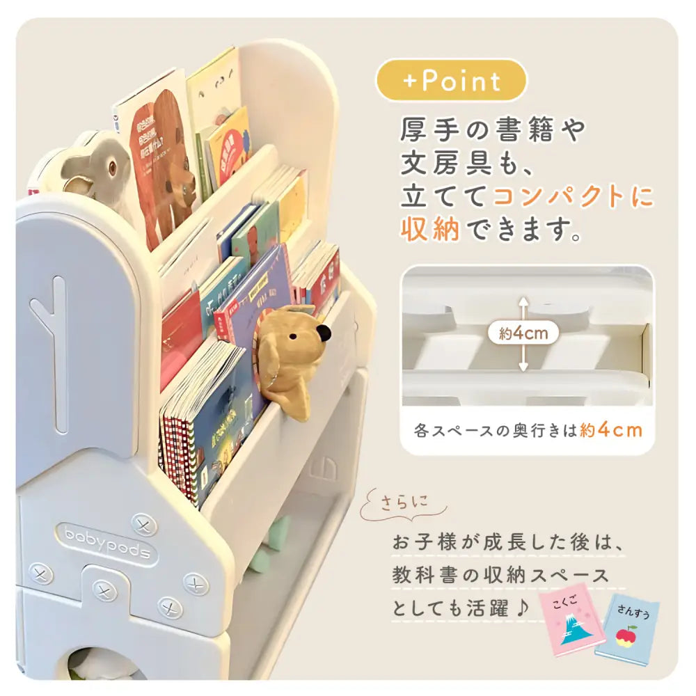 絵本ラック　表紙が見える本棚　子ども用ブックシェルフ　おもちゃ収納付き本棚　自発的読書サポートラック　厚み対応絵本収納　本とおもちゃ収納ラック　軽量プラスチック本棚　子ども部屋インテリアラック　見せる収納ブックラック