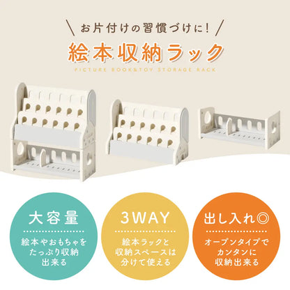 絵本ラック　表紙が見える本棚　子ども用ブックシェルフ　おもちゃ収納付き本棚　自発的読書サポートラック　厚み対応絵本収納　本とおもちゃ収納ラック　軽量プラスチック本棚　子ども部屋インテリアラック　見せる収納ブックラック