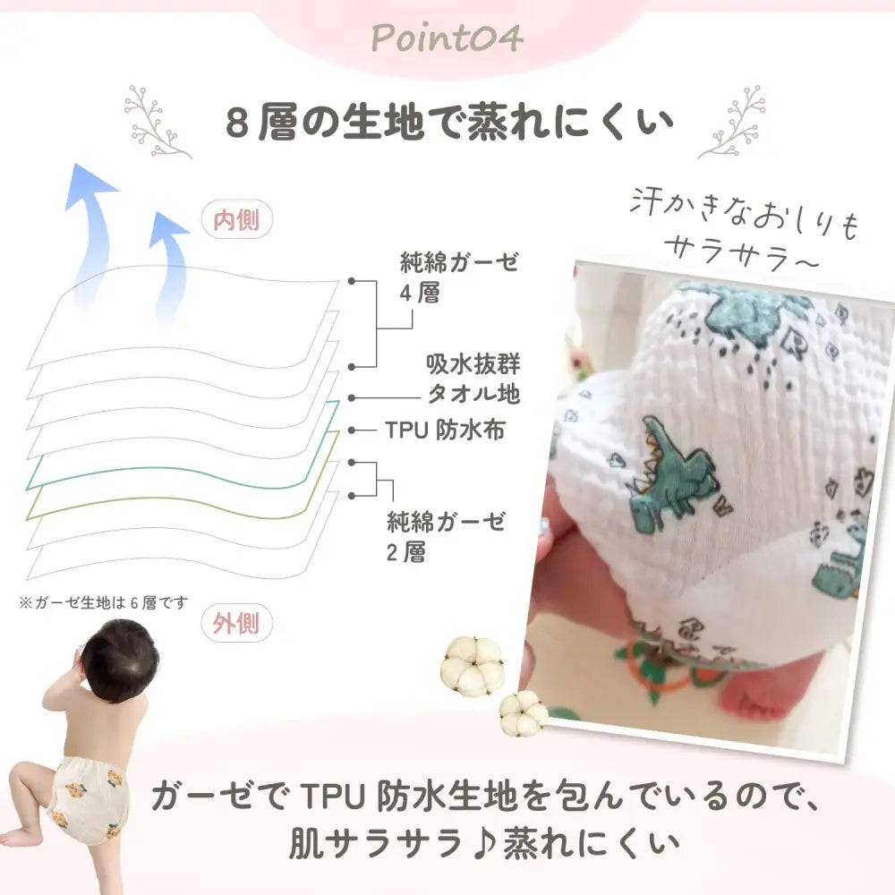 トイトレパンツ　おむつ外し練習パンツ　コットン100％トレーニングパンツ　6重ガーゼパンツ　8層吸水構造パンツ　防水層付きトイトレパンツ　伸縮性ウエストパンツ　洗濯機OKトレーニングパンツ　保育園用トイトレパンツ　おしゃれ子どもパンツ