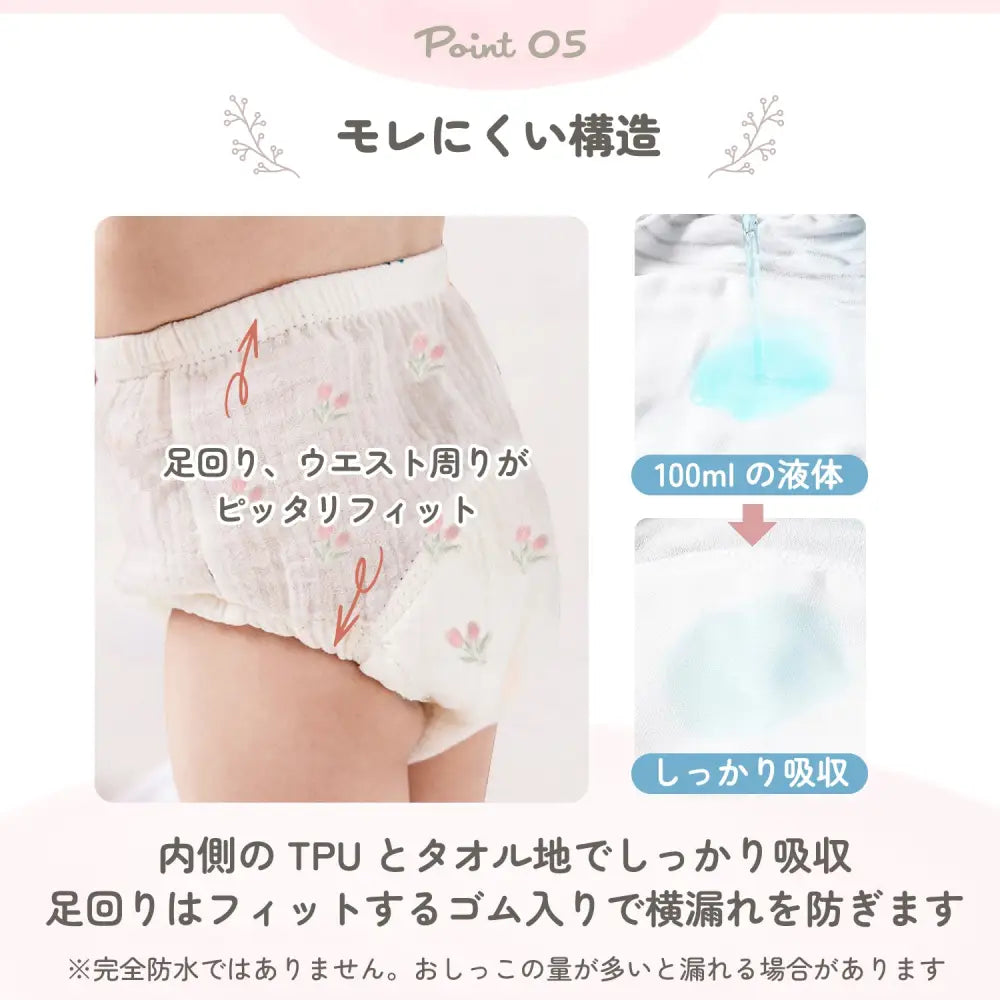 トイトレパンツ　おむつ外し練習パンツ　コットン100％トレーニングパンツ　6重ガーゼパンツ　8層吸水構造パンツ　防水層付きトイトレパンツ　伸縮性ウエストパンツ　洗濯機OKトレーニングパンツ　保育園用トイトレパンツ　おしゃれ子どもパンツ