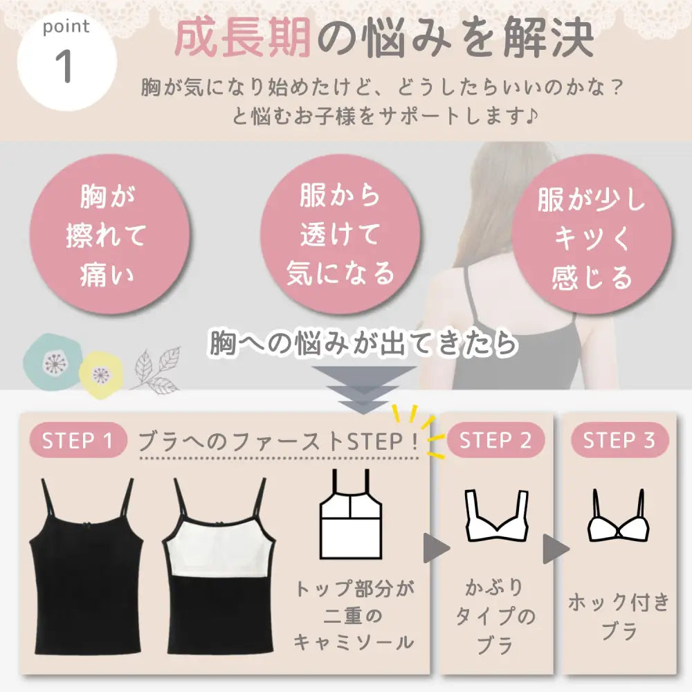 ジュニアインナー 成長期キャミソール 女の子下着 綿100 通気性 吸汗速乾 ノンワイヤー スクールインナー 快適肌着 成長サポート