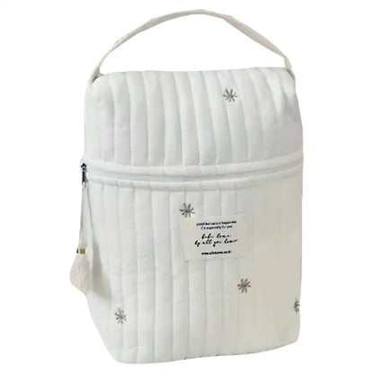 マルチポーチ　大容量ベビーポーチ　キルティングコットンポーチ　哺乳瓶収納ポーチ　おむつポーチ　広口ファスナーポーチ　タッセル付きおしゃれポーチ　ベビーカーバッグ兼用ポーチ　マチ広サブバッグ　刺繍デザインポーチ