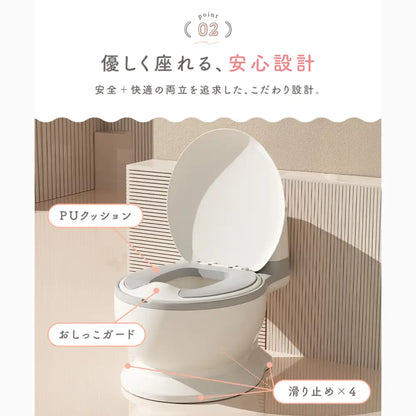 子ども用トイレ　トイレトレーニングおまる　リアルデザインおまる　トイレ練習玩具　こどもトイレしつけ　フタ付きおまる　流水音付きトイレおもちゃ　滑り止め付きベビートイレ　取り外し可能おまるポット　やわらか便座おまる