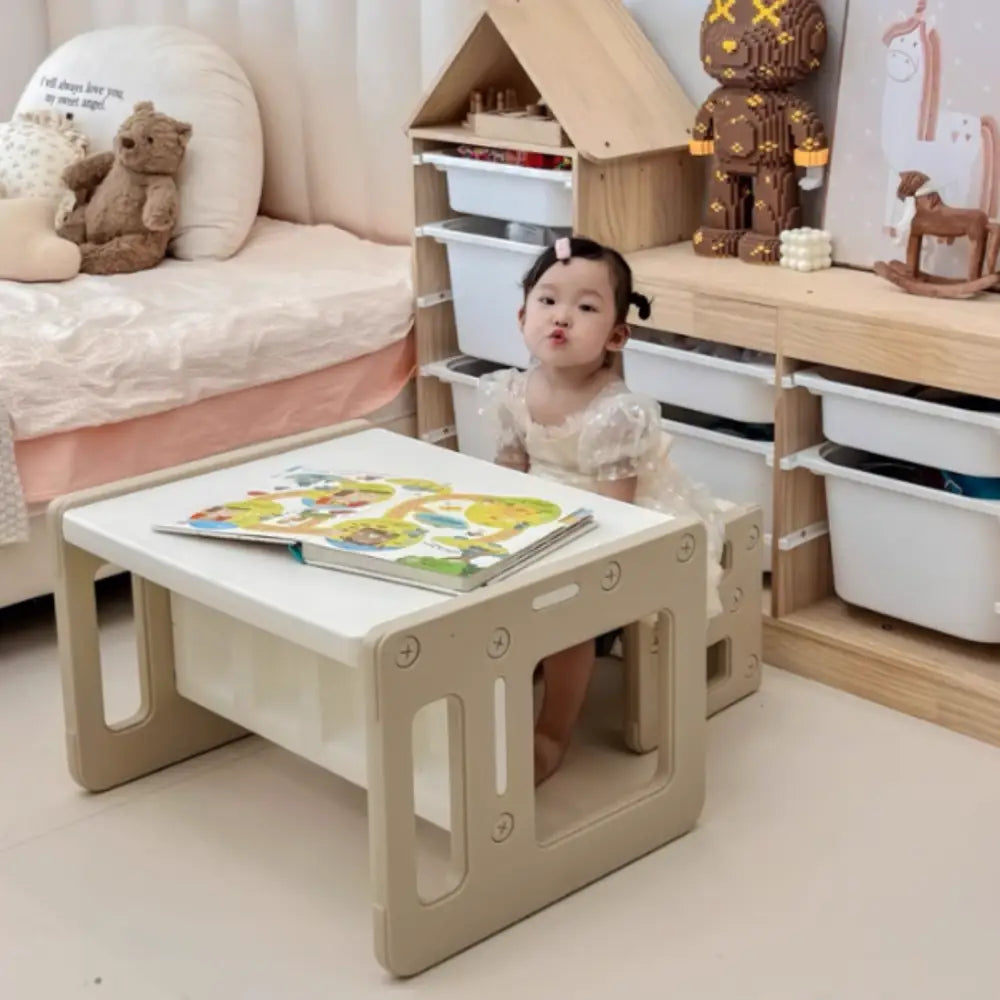 キッズデスクチェア　子ども用学習机　多機能デスクセット　収納付きキッズチェア　プレイテーブル　耐荷重ベンチ　折りたたみデスク　お片付けしやすい家具　プラスチック子供家具　成長対応デスク